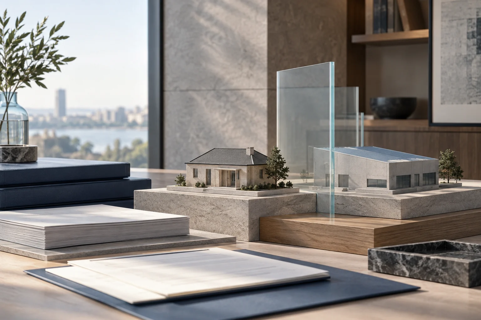 Maquetas de una vivienda y un edificio, con planos de vidrio que representan la organización del patrimonio